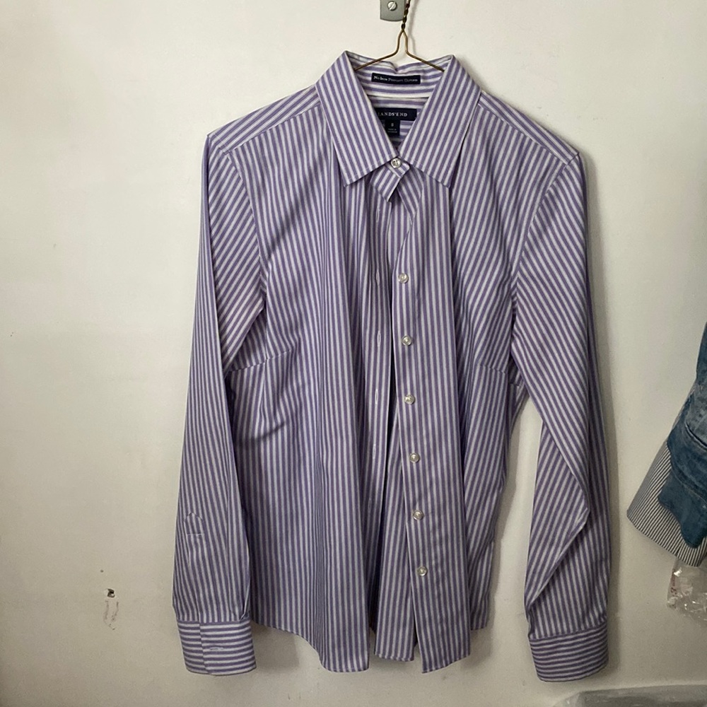 purple striped button down lands end shirt